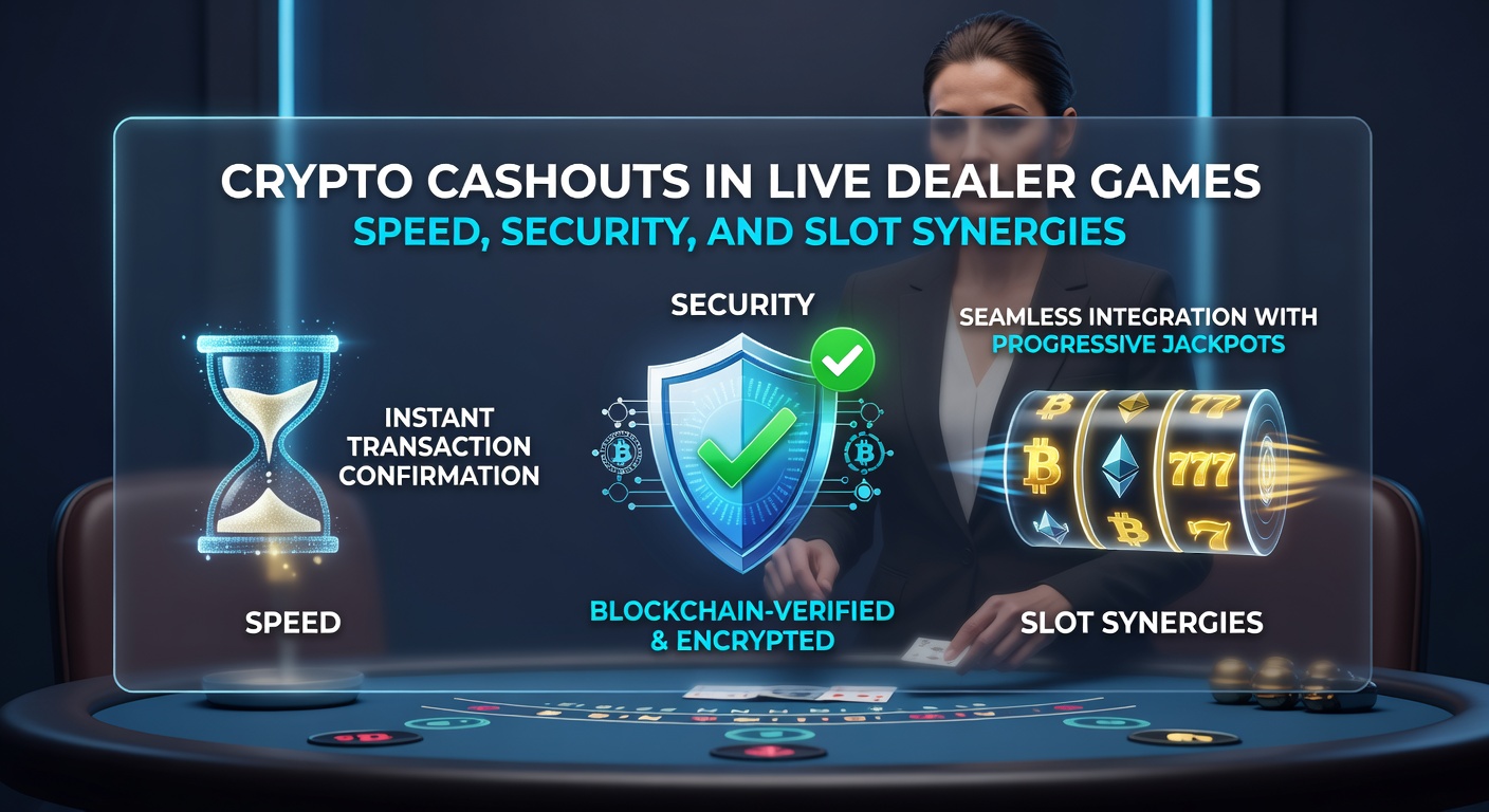 Darstellung von Slot-Maschinen und Live-Dealer-Tischen mit Crypto-Übertragungen und Sicherheitsikonen
