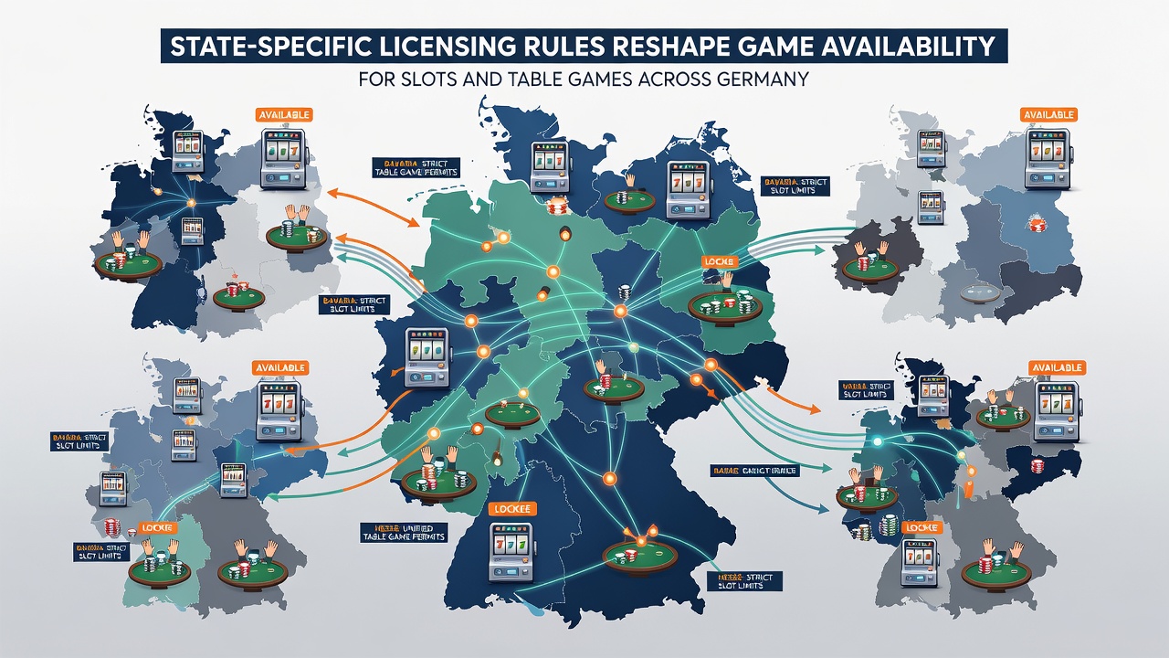 Illustration von digitalen Roulette- und Blackjack-Tischen mit regionalen Lizenzsymbolen