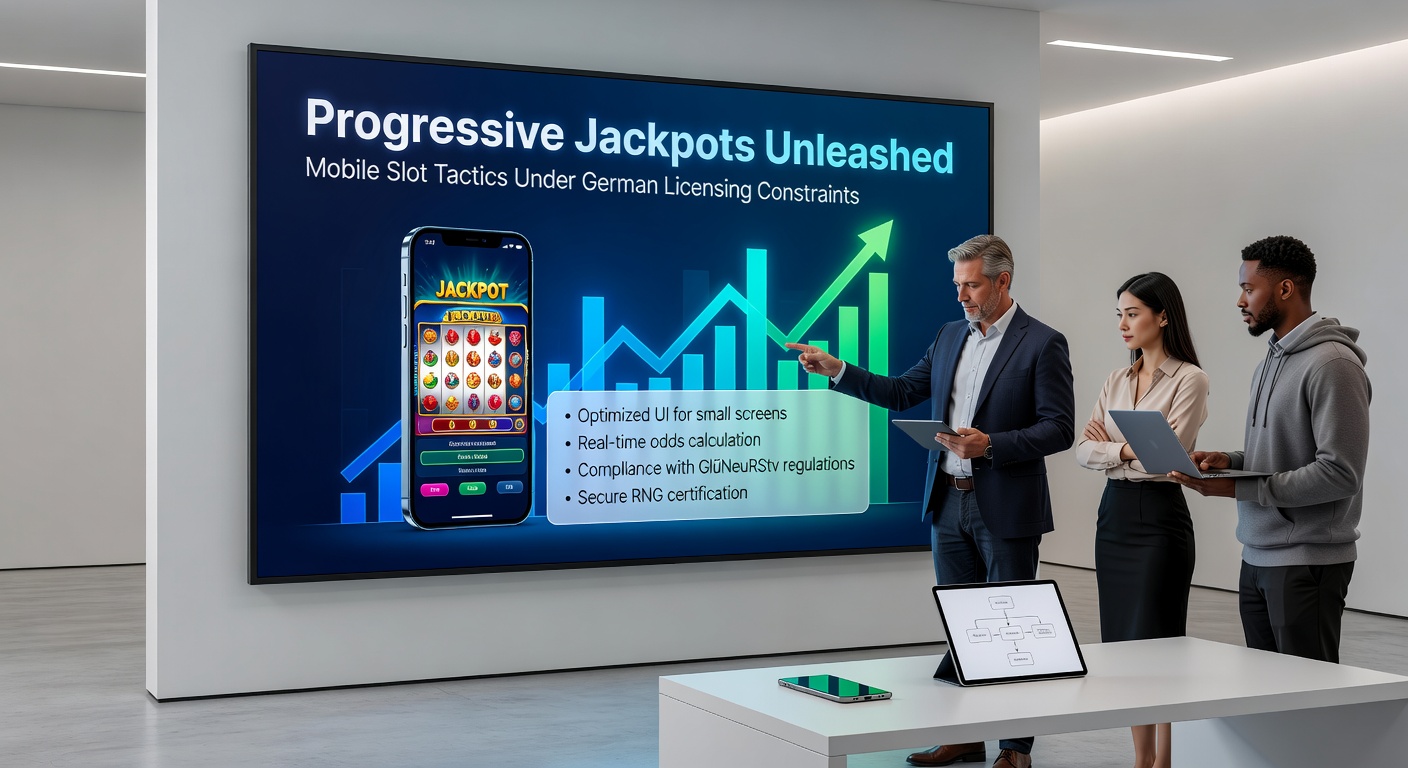 Smartphone-Bildschirm mit progressivem Jackpot, der explodiert, umgeben von Taktik-Icons wie Uhr, Euro-Symbol und Lizenz-Siegel