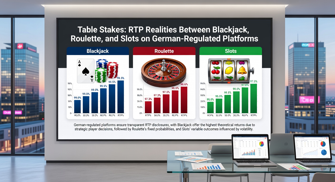 Nahaufnahme eines Blackjack-Tisches mit RTP-Indikator, Roulette-Rad im Hintergrund und Slot-Automat, alles unter deutscher Lizenz-Symbolik
